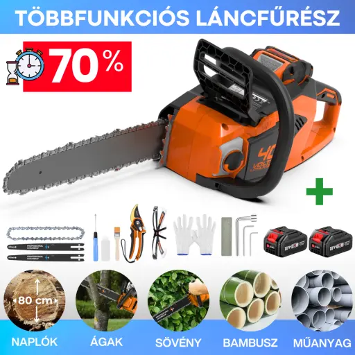 Utolsó darabok - Akkus láncfűrész. -70%. 40 cm átmérőjű rönköket vág másodpercek alatt. Ingyenes tartozékok.