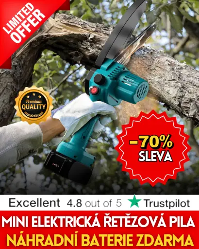 Mini řetězová pila se slevou 70 %. Akumulátorová mini řetězová pila. Nepotřebuje naftu a neznečišťuje životní
