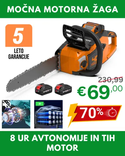 Akumulatorska žaga. Večnamenska. -70%. Dodatna oprema: zaščitne rokavice in očala, 2 bateriji, 2 rezervni verigi, 2 rezila.