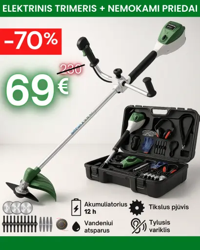 Akumuliatoriniai trimeriai: -70%. Nemokami priedai: akiniai ir pirštinės, 20 atsarginių peiliukų, 2 akumuliatoriai, ratukai.