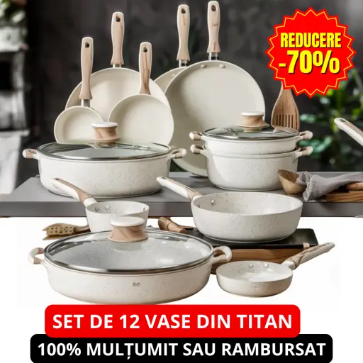 Set de 12 ustensile de gătit din titan. Proiectat cu grijă pentru a distribui uniform căldura pentru o gătire perfectă.