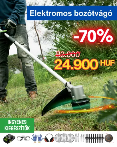 -70% | Akkus bozótvágó. Ingyenes tartozékok: védőszemüveg és kesztyű, 20 tartalék penge, 2 akku, fejhallgató