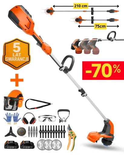 Podkaszarka elektryczna: -70%. Bezpłatne akcesoria: gogle i rękawice, 20 zapasowych ostrzy, 2 baterie, słuchawki, kask.