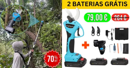 Tesoura Elétrica + 2 Baterias Grátis. Tesoura de poda elétrica, 2 pilhas incluídas, carregamento rápido e máxima eficiência