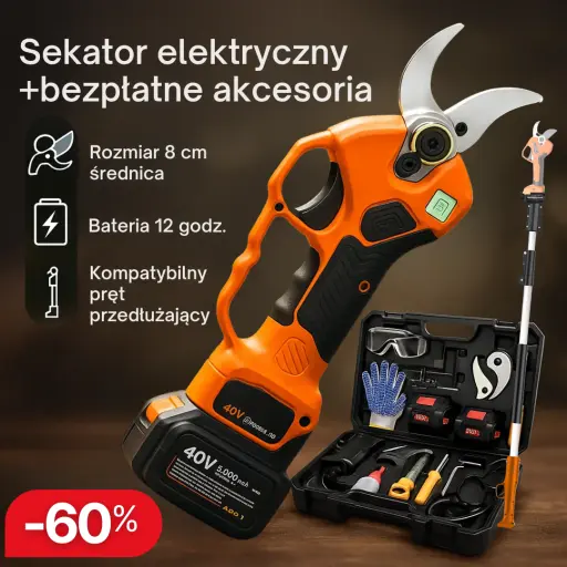 Sekator akumulatorowy: -60%. -60%: Idealny do prac ogrodowych. Tnie gałęzie, owoce, rośliny, kwiaty.