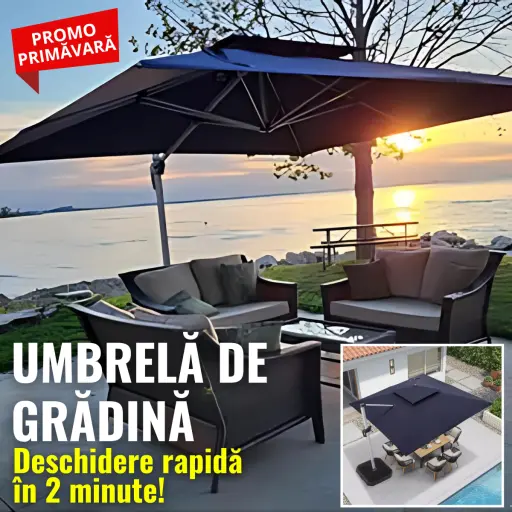 Lux și confort în grădina ta. Umbrelă mare, modernă, cu deschidere ușoară și design rafinat
