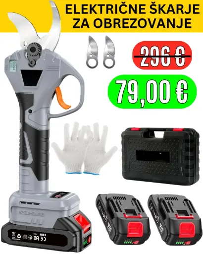 Električne škarje za obrezovanje. Uživajte v enostavnem rezanju. 2 bateriji, hitro polnjenje in največja učinkovitost.