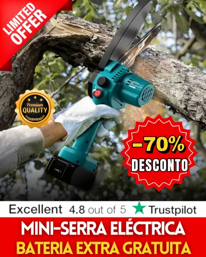 Mini motosserra com 70% de desconto. O seu motor potente corta facilmente ramos grossos. Pesa menos de 1 kg. 70 % de